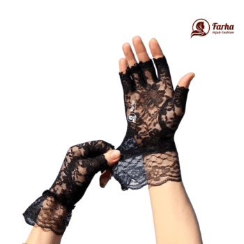 Premium Lace Fingerless Hand Socks (Hat Muja) – Black 04 images 01 for farha hijab fashion